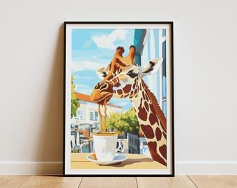 Giraffe Coffee Poster Cafe Wall Art Animal Lover Gift Quirky Art Print Coffee Shop Decor Funny Giraffe Illustration Modern Art Print