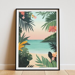 Poster Tropisch Strand Poster ruhig Meer Ozean Sommer Urlaubs Poster Palmenblätter botanische Wand Kunst Dekor Urlaub Geschenk