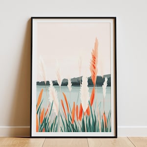 Herbst Gras Wiese Landschaft botanische Druck Herbst Gras Poster moderne minimalistische Wohnkultur ruhige Natur Kunst weißes und oranges Gras