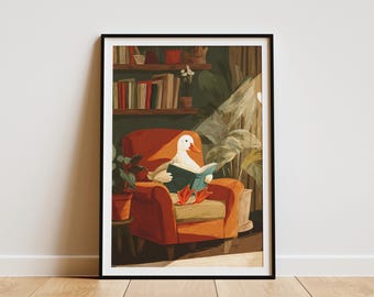 Charming Duck Reading Book Art Print Cozy Animal Literature Wall Decor Vintage Inspired Home Library Artwork Unique Gift for Book Lovers