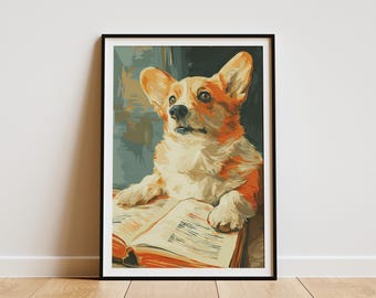 Charming Corgi Dog Reading Book Art Print Whimsical Pet Wall Decor Unique Animal Lover Gift Digital Downloadable Art Poster