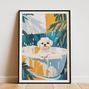 Impresión artística de cachorro maltés, decoración de pared para baño, póster de animales lindos, regalo para amantes de las mascotas, arte de perro en la bañera, arte de baño, impresión artística de cachorro