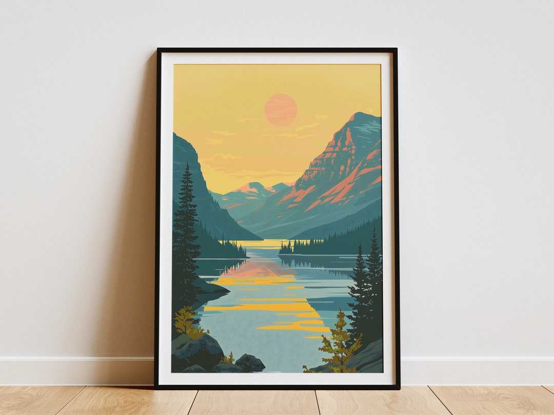 Sunset Mountain Lake Landscape Poster Wall Art Print Nature Scenery Art ...