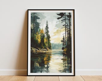Peut inclure: Impression d'art encadrée représentant un paysage lacustre. L'œuvre présente une forêt de grands arbres verts et jaunes, reflétés dans l'eau calme. Le ciel est un mélange de jaune et de gris, créant une atmosphère paisible.