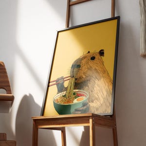 Cute Capybara Eating Ramen Noodles with Chopsticks Humorous Animal Wall Art Print for Kitchen Decor Unique Foodie Illustration Poster Gift image 6