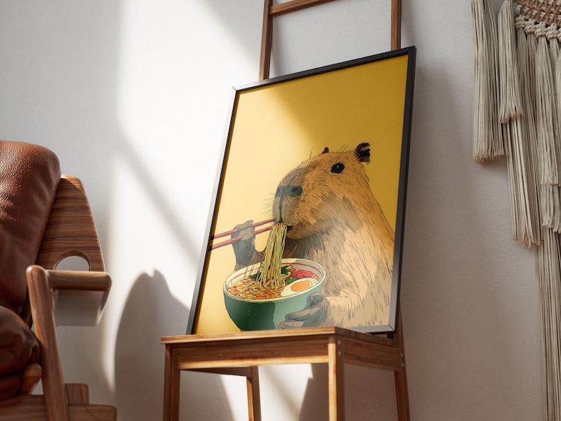Cute Capybara Eating Ramen Noodles with Chopsticks Humorous Animal Wall Art Print for Kitchen Decor Unique Foodie Illustration Poster Gift image 6
