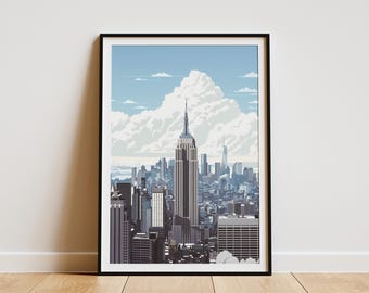 NYC  Poster Empire State Building Modern Cityscape Print Flat Illustration New York City Art Manhattan Skyline Urban Landscape