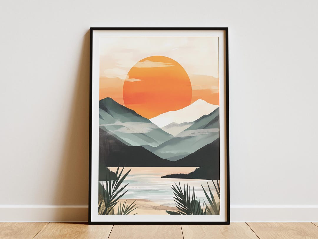 Crimson Sunset Mountain Lake Landscape Art Print Orange Red Nature Wall ...