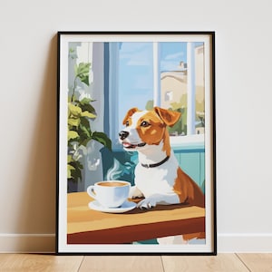 Impresión artística de Jack Russell Terrier, póster de café, regalo para amantes de los perros, decoración de pared única, arte acogedor para el hogar, ilustración de Jack Russell Terrier