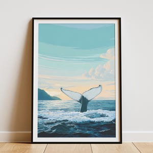 Impresión artística de cola de ballena, póster del océano hawaiano, arte mural costero, decoración náutica, arte de casa de playa, impresión tropical, arte de surf, decoración de vacaciones para el hogar.