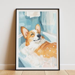 Corgi hond kunst print badkamer muur decor Corgi in bad poster Corgi minnaar cadeau hond in schuimbad muur kunst huisdier portret print