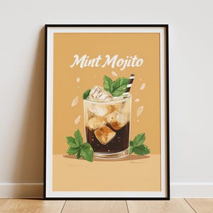 Pôster de bebida gelada de café com mojito de menta, arte de parede de cafeteria de verão, impressão de bebidas, menu de café, decoração de bar, pôster de café, ilustração flatlay