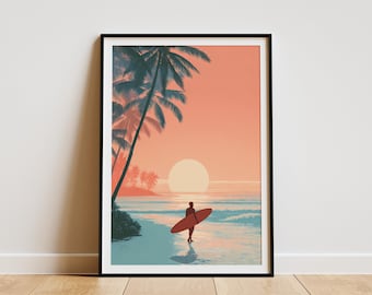 Surfer Beach Poster Golden Hour Wall Art Tropical Print Coastal Home Decor Beach House Art Surf Art Hawaii Art Print Ocean Waves Art