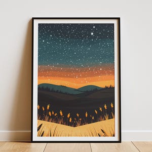 Prärie Landschaft Poster Sternenhimmel Kunst Druck lodernder Stern Blumen Natur Wanddekoration Moderne Bauernhausdekoration Botanische Illustration