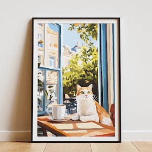Impresión artística de un acogedor café con gato Van turco, póster de gato naranja y blanco, regalo para amantes del café, arte para amantes de los gatos, decoración del hogar, retrato de mascota.