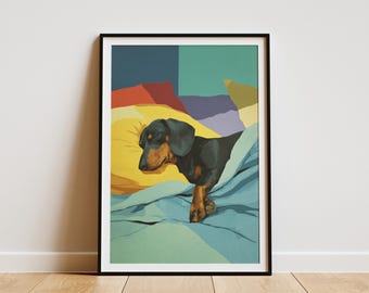 Impression d'art adorable teckel chien endormi, décoration de chambre à coucher pour animal de compagnie confortable, style Matisse moderne, abstrait coloré, affiche d'art mural cadeau