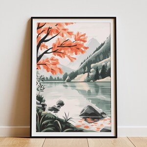 Pôster de paisagem de outono, pôster de lago de montanha, impressão de folhas de outono, arte moderna da natureza, pôster de árvore carmesim, cena de lago pacífica, decoração aconchegante para casa