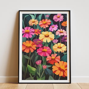 Vibrant Zinnia Flower Garden Poster Rustic Farm Floral Art Print Summer Cottagecore Home Decor Farmhouse Botanical Wall Art Colorful Flower