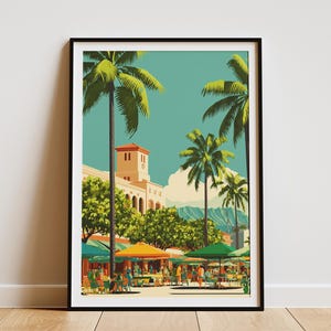 Póster de viaje de Honolulu, Hawái, escena de mercado tropical, impresión artística de estilo vintage, arte de pared retro de vacaciones hawaianas, póster de papel de recuerdo