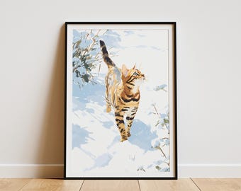 Bengal Cat Snow Print Winter Feline Art Modern Pet Wall Decor Unique Animal Lover Gift Contemporary Cat Illustration