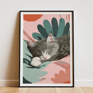 Norwegian Forest Kitten Sleeping Cat Print Abstract Matisse Style Wall Art for Bedroom Decor Cozy Feline Artwork for Pet Lovers Home Gift