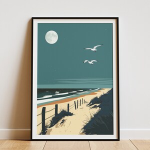 Póster con impresión artística de paisaje oceánico, cielo nocturno y gaviota en la playa de Outer Banks, Carolina del Norte