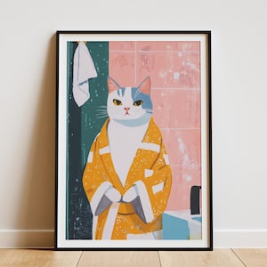 Impresión artística de baño con bata de baño de gato turco Van, póster divertido de gato, retrato caprichoso de mascota, regalo para amantes de los gatos, decoración de pared de baño, impresión artística