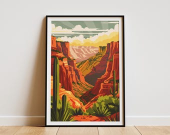 Poster van Grand Canyon National Park, landschapskunstprint van Arizona, wanddecoratie voor de woestijn van het zuidwesten, reisillustratie