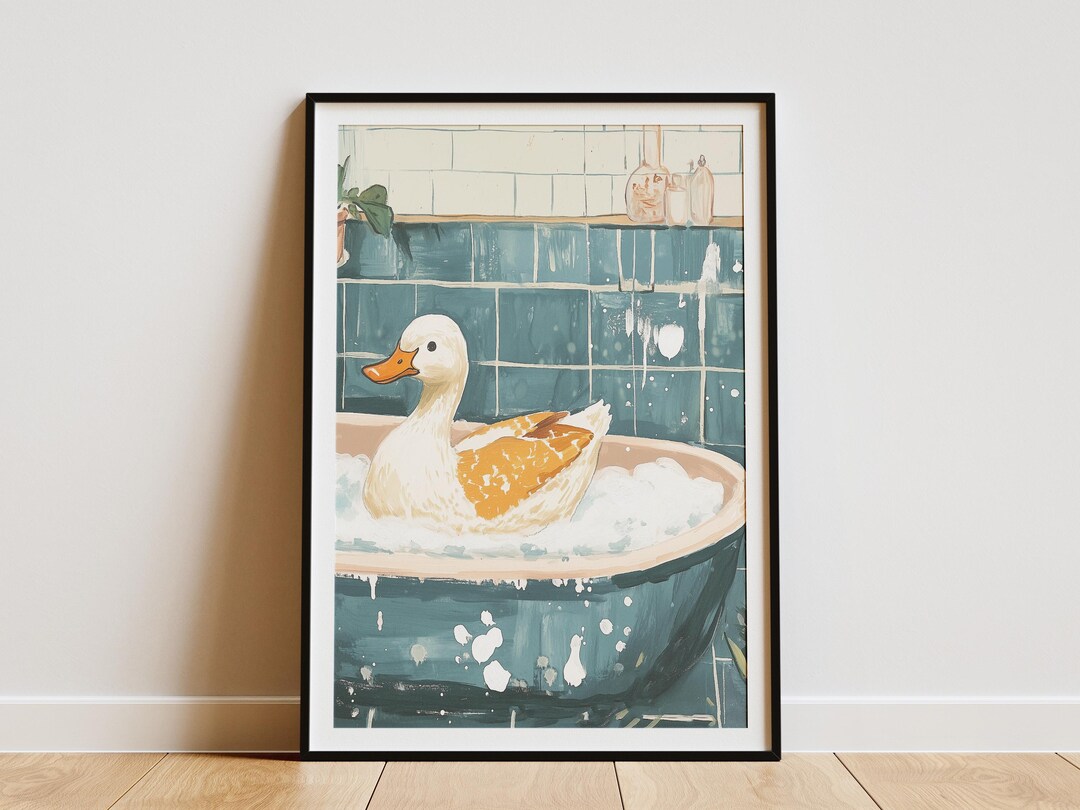 Duck in a Bathtub Bathroom Poster Painting Modern Art Print Animal Wall ...