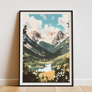 Bergsee Poster Natur Kunstdruck Landschaft Wanddekor Moderne minimalistische Wohnkultur Friedliche Szene Serene Aussicht Tranquil Kunstwerk