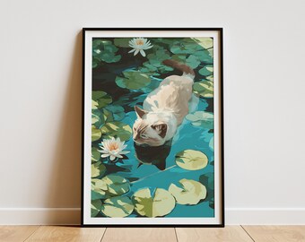 May include: A framed art print featuring a cat in a pond with lily pads and white flowers. The cat has light brown fur and blue eyes. The water is a teal color, and the artwork has a serene, nature-inspired theme.