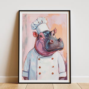 Hippo Chef Art Print Kitchen Decor Animal Art Funny Hippo Poster Cooking Art Print Whimsical Chef Gift Restaurant Wall Art Chefs Uniform