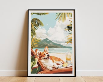 May include: A framed art print depicts a corgi relaxing on a beach chair. The dog is orange and white, with a happy expression. A drink with a lemon slice sits nearby. Palm trees and a mountain range are in the background.