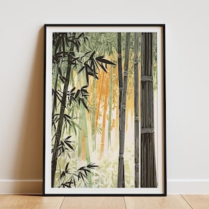 Japanischer Bambuswald Poster Druck Asiatischer Zengarten Wandkunst Modernes minimalistisches Wohndekor Botanische Natur Illustration Abstrakt Grün