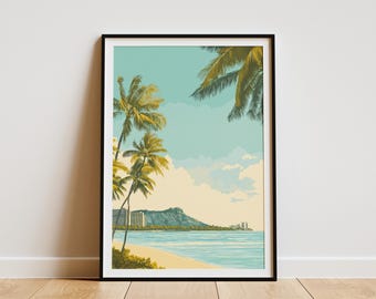 Waikiki Beach Hawaii Travel Poster Vintage Serene Coastal Wall Art Print for Beach House Decor Tropical Hawaiian Landscape Ocean View Art