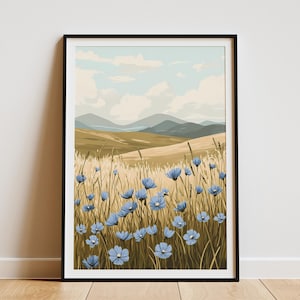 Póster de paisaje de campo de flores de lino azul, arte de pared botánico moderno, impresión, decoración de granja, escena de naturaleza, campo tranquilo, sereno y pacífico