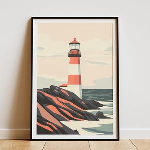 Impresión artística costera con faro, póster de faro oceánico en colores pastel, decoración de pared náutica minimalista, decoración de casa de playa, decoración de sala de estar costera