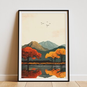 Impressão de pôster de paisagem de outono Árvores laranja e vermelhas Reflexão do lago Arte da natureza do outono Decoração para casa Arte de parede Impressão de cenário de montanha