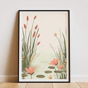 Póster de estanque sereno, ilustración botánica, nenúfares, plantas acuáticas, impresión artística de la naturaleza, paisaje de aguas tranquilas, flores de caña pacíficas, impresión botánica