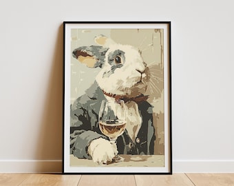 Anspruchsvolle Gentleman Kaninchen im maßgeschneiderten Anzug Schlürfen Wein Druck Moderne Hase Porträt Wand Kunst Wohnkultur