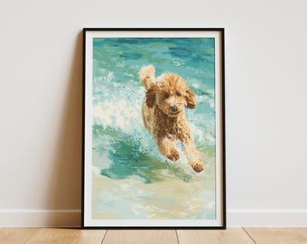 May include: A framed art print depicting a light brown dog mid-leap in water. The artwork uses a palette of blues, greens, and beige to create a lively scene. The dog's fur is detailed, capturing its energy and movement. A joyful image.