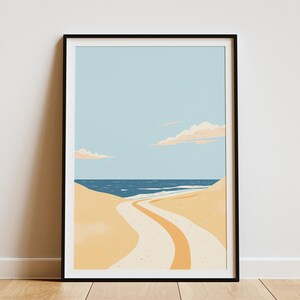 Póster de playa oceánica, decoración del hogar para vacaciones de verano, arte de pared costero, camino de arena hacia el mar, obra de arte de playa moderna