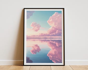 Pink and Blue Sunset Sky Reflection Water Calm Sea Ocean Lake Nature Peaceful Serene Wall Art Print Poster Home Decor