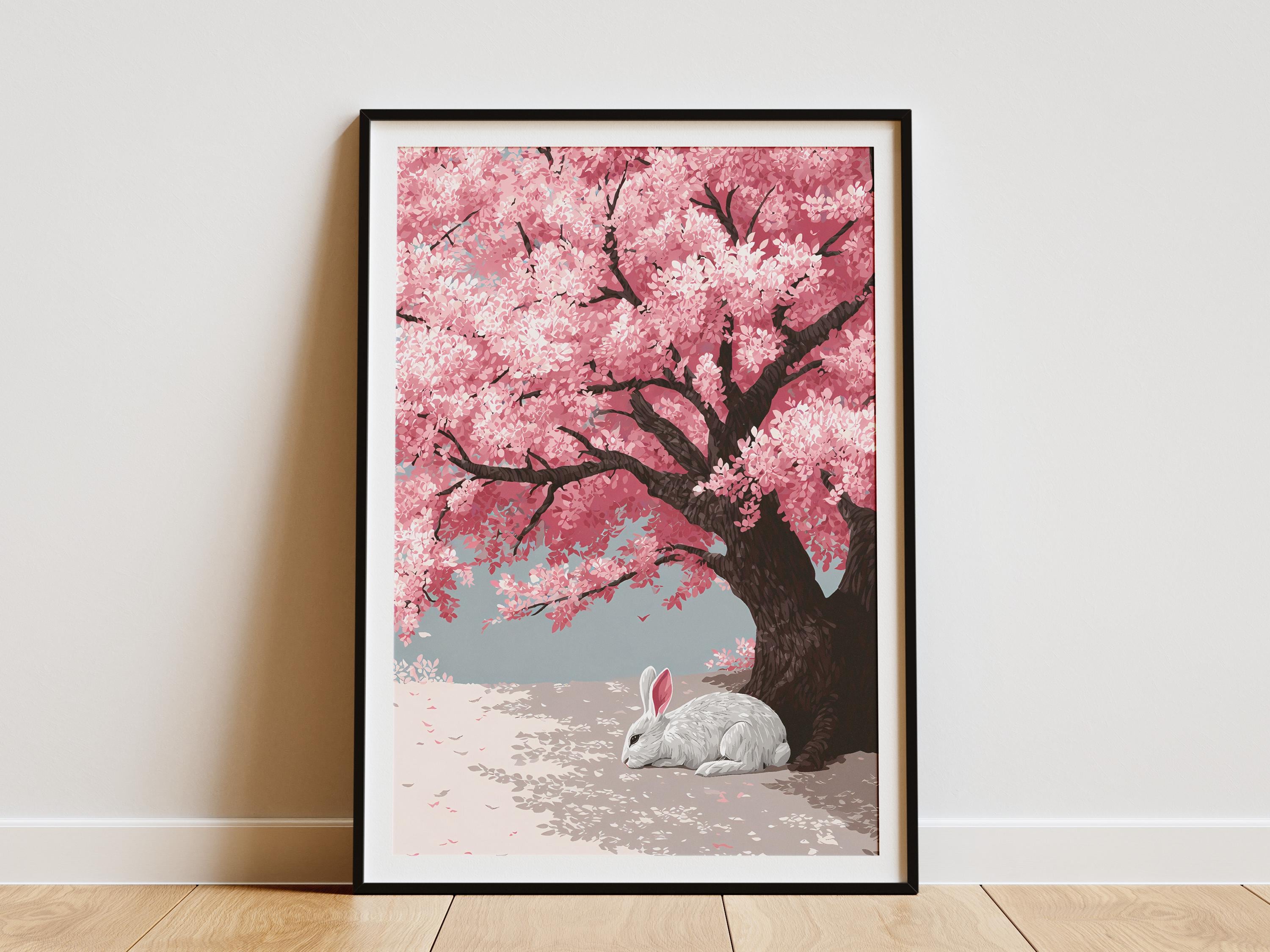 Serene White Rabbit Under Pink Cherry Blossom Tree Art Print