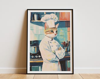 Cat Chef Art Print Funny Kitchen Poster Whimsical Cat Wall Art Animal Chef Print Cat Lover Gift Quirky Kitchen Decor Cat Portrait Print