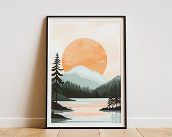 Plakat z jeziorem, górskie jezioro, wydruk artystyczny, spokojna scena natury, nowoczesny minimalistyczny krajobraz, spokojny las, dekoracja ścienna, abstrakcyjny plakat z jeziorem