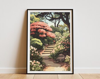 Póster con estampado de flores de azalea en un jardín japonés, ilustración botánica, arte floral, decoración del hogar, arte de pared, escena de la naturaleza, arte de flores rosas