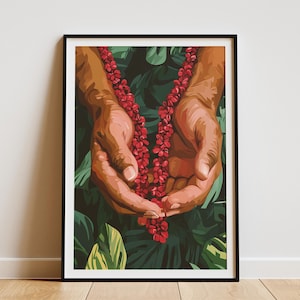 May include: A framed art print featuring a pair of hands holding a red flower lei against a backdrop of green foliage. The artwork has a warm color palette with shades of brown, red, and green, creating a tropical theme.