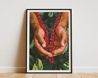 Hawaiian Hands Stringing Red Lei Beads Art Print Tropical Island Culture Wall Decor Vibrant Floral Hawaiian Lei Artwork Aloha Print