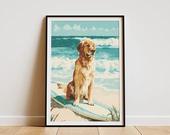 May include: A framed print of a golden retriever sitting on a surfboard at the beach. The artwork features a light blue and beige color palette, with ocean waves in the background. The dog is the focal point, with a serene expression.